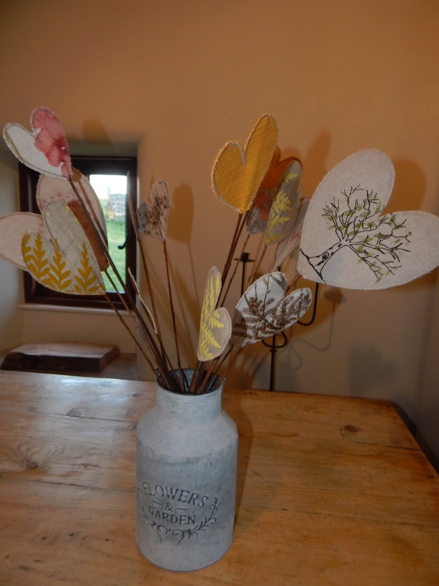 Screen printed Heart Fabric flowers on Willow - 14 hearts 