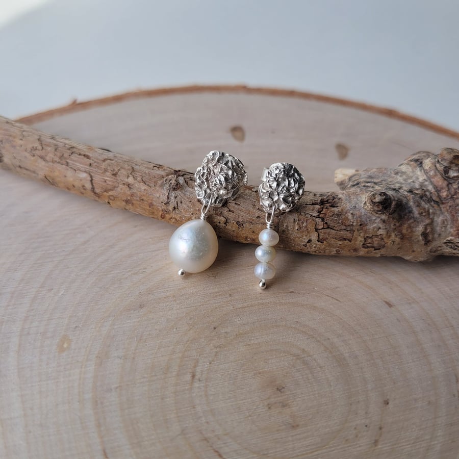Silver and Pearl Mismatched Lichen Dangle Drop Earrings