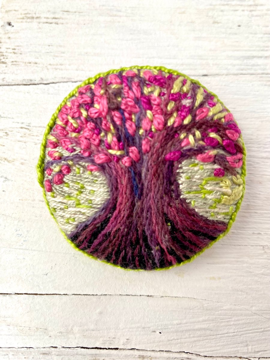 Cherry Blossom tree-hand embroidered circular brooch pin
