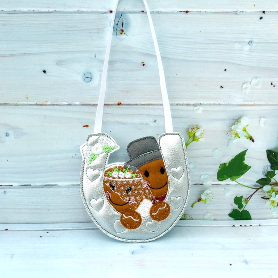 A Horseshoe Wedding Day Gift Gingerbread Bride & Groom Hanging Ornament