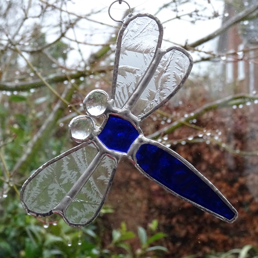 Stained Glass Small Dragonfly Suncatcher - Handmade Hanging Decoration - Blue 