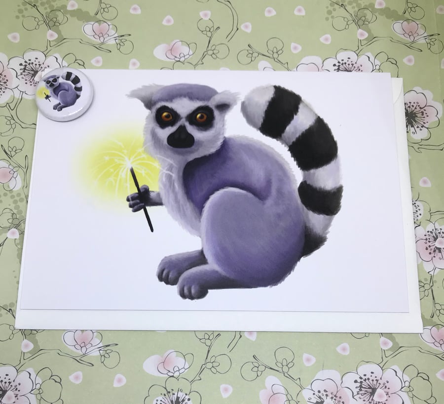 Lemur Blank Greeting Card and Mini Magnet Set
