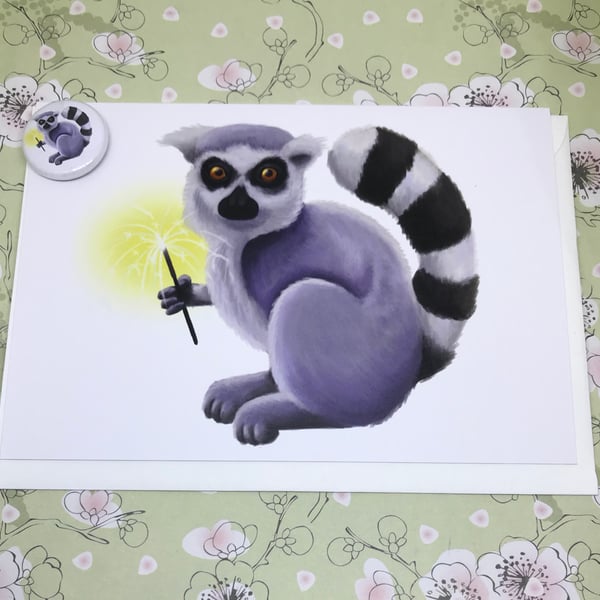 Lemur Blank Greeting Card and Mini Magnet Set