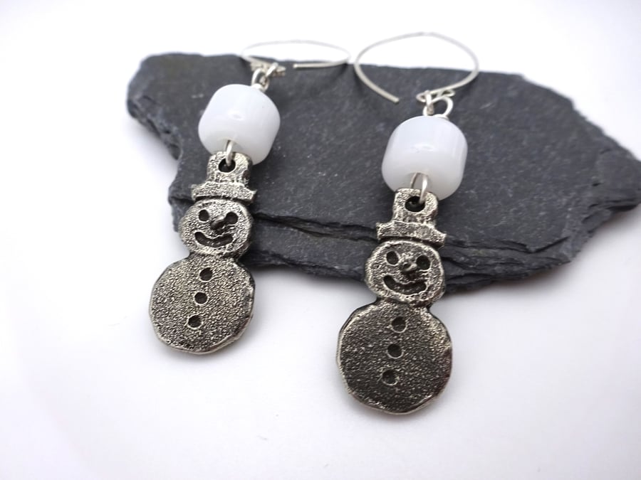 white lampwork glass snowman earrings