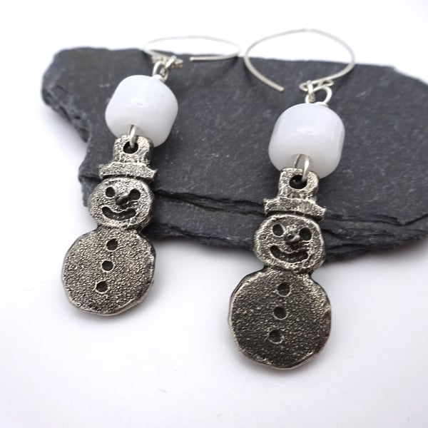 white lampwork glass snowman earrings