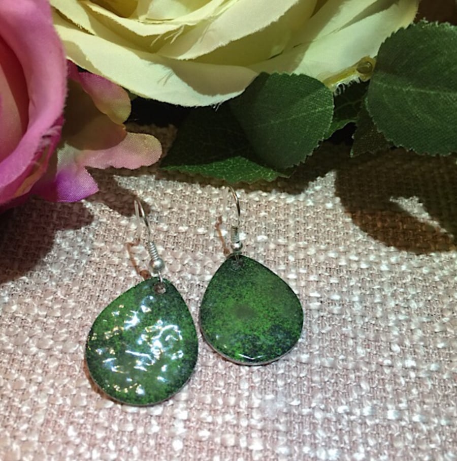 Shade of green pear drop earrings enamel sterling silver hooks