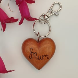 Mum handburnt keyring, love you double-sided wooden heart, Mothers Day gift 