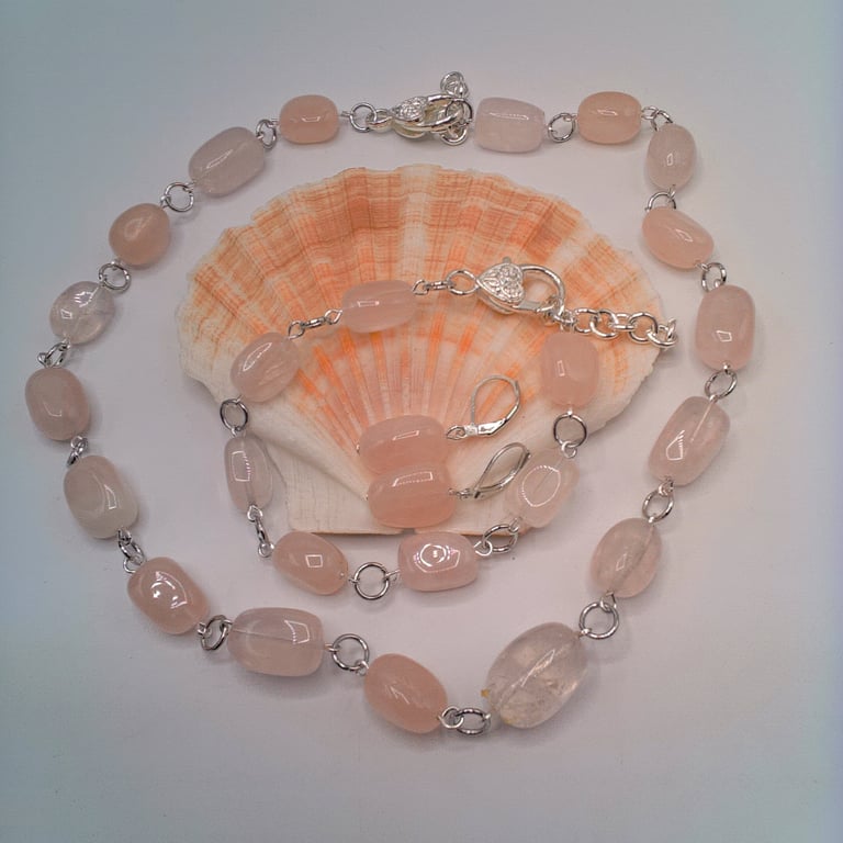 Pale Pink Rose Quartz Chunky Nugget Bead 3 Piece Jewellery Set, Gift for Her