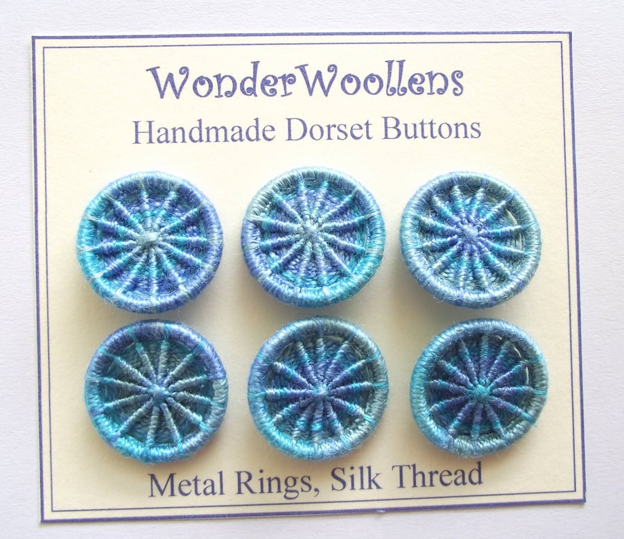 Dorset Buttons, Handmade, Variegated Blue, Silk Thread on Metal Rings