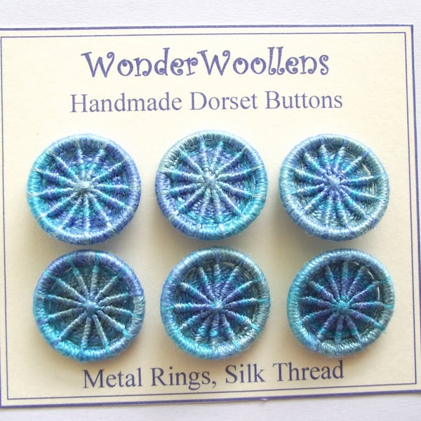 Dorset Buttons, Handmade, Variegated Blue, Silk Thread on Metal Rings