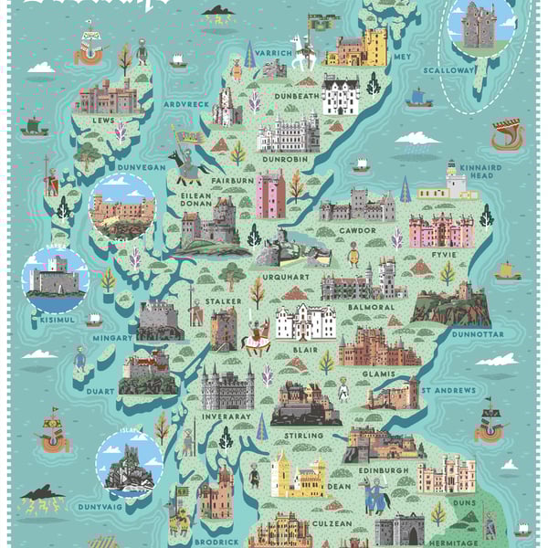 Castles of Scotland - An illustrated map - Art print A3 - Poster