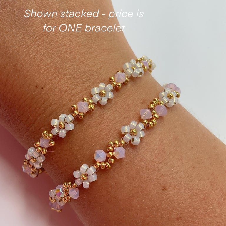October Birthstone Bracelet, Gold & Opal Daisy Beads (Pink Tourmaline Inspired)