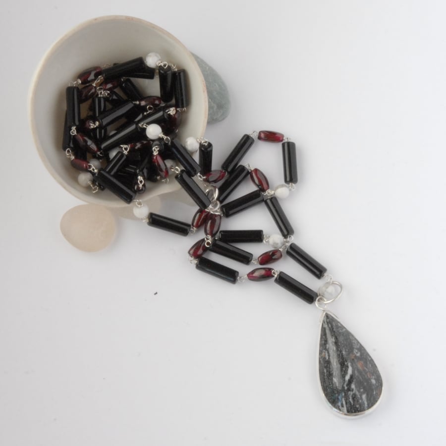 Long beaded Onyx and Garnet sterling silver necklace