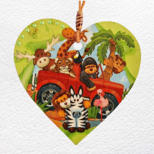 Decoupaged Wooden Hanging Heart 15cm (6") Toy Safari design