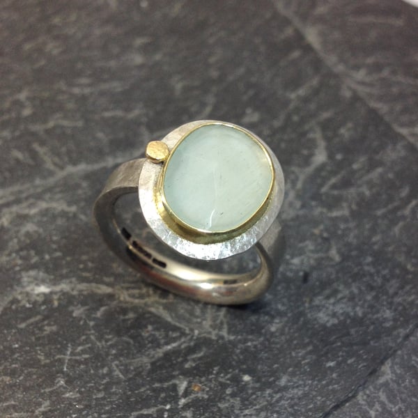Sterling silver, 18ct gold and aquamarine Polki ring size UK K