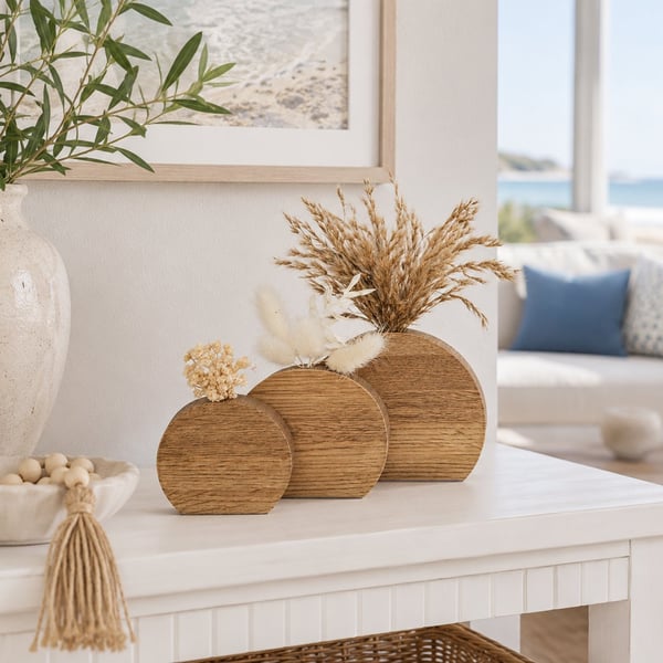 Reclaimed Oak Wooden Vase Set with Dried Flowers - Handmade Artisan Home Décor