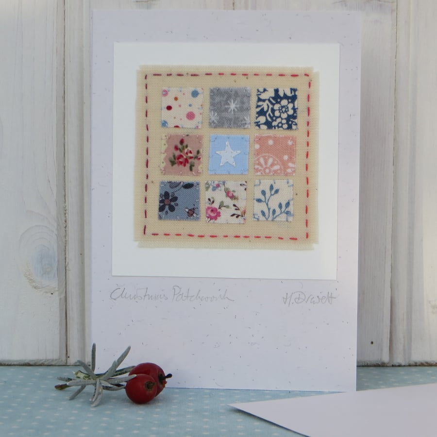 Christmas Patchwork hand-stitched card with tiny applique star! So pretty!