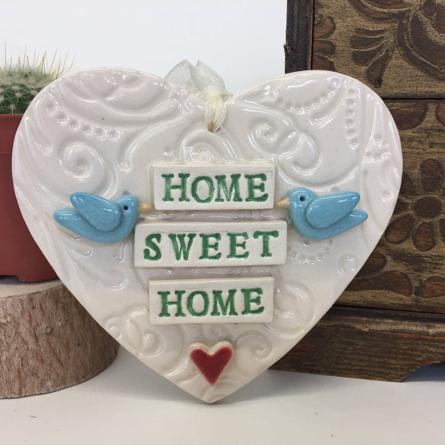 Ceramic heart decoration with birds Home Sweet Home pottery heart