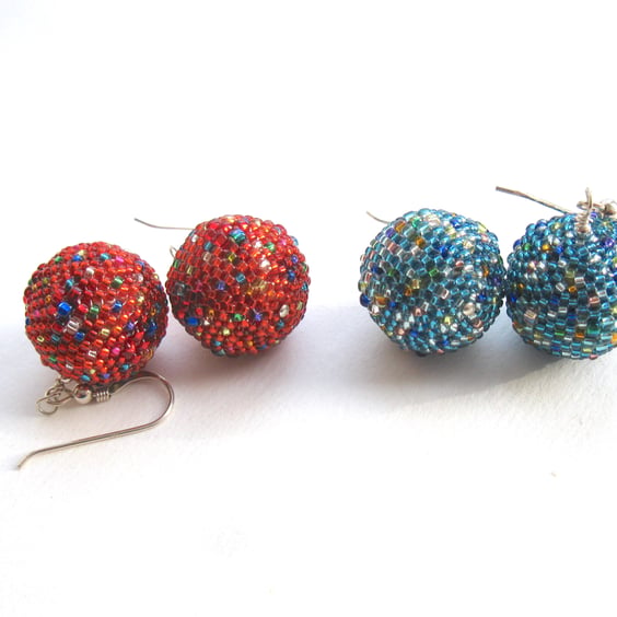 Beaded Disco Balls, beadwork earrings, choice of colour, sterling silver wires