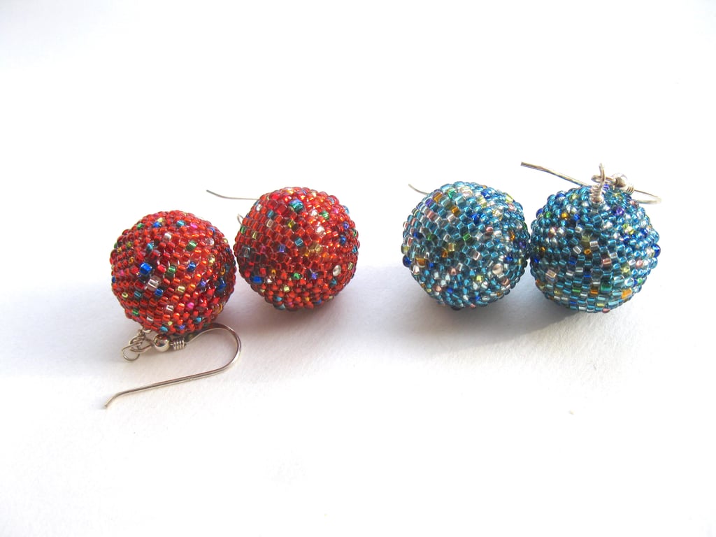 Beaded Disco Balls, beadwork earrings, choice of colour, sterling silver wires