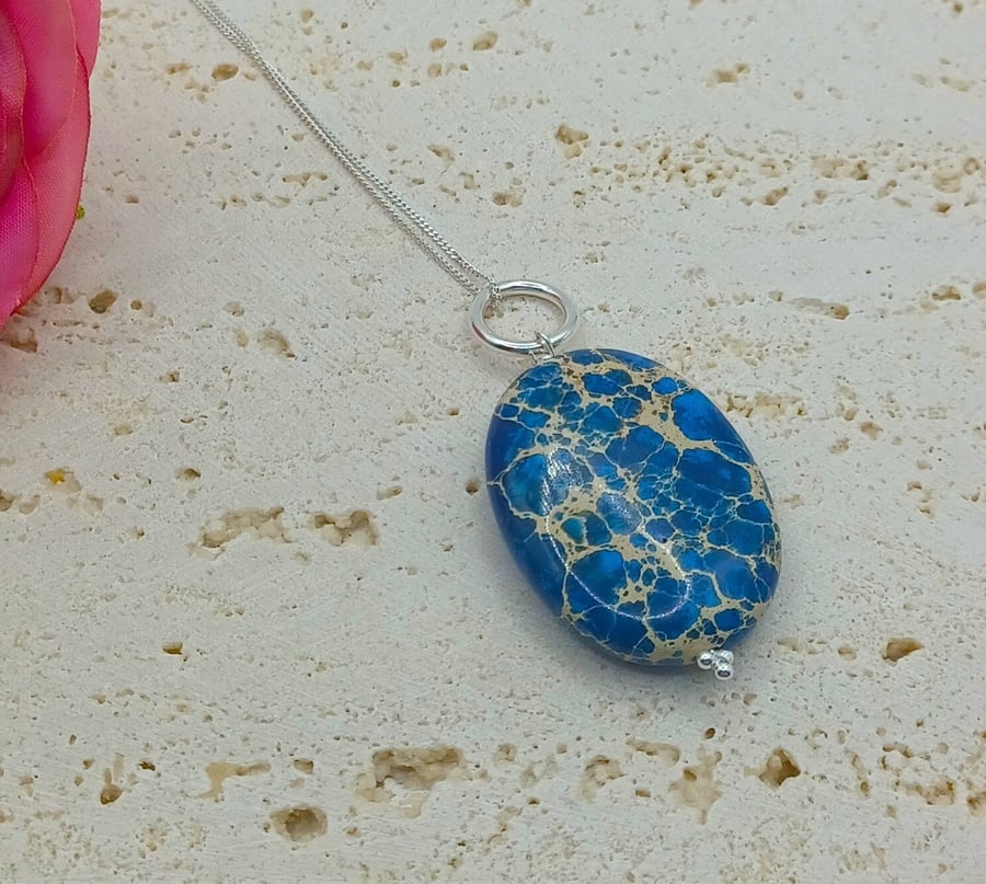 Blue Impression Jasper Pendant, Ocean Necklace, Sterling Silver Pendant, Jasper 