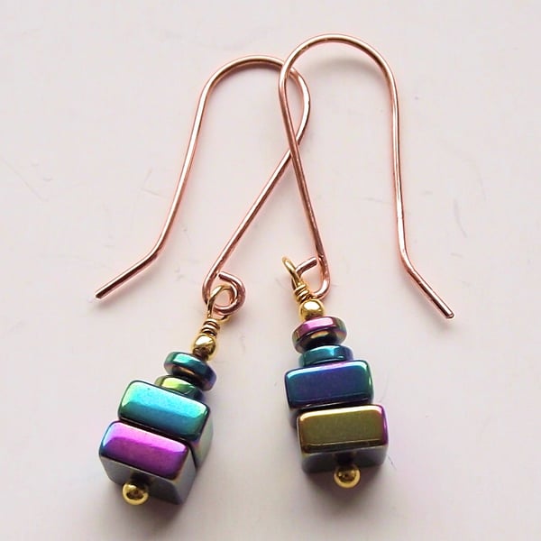Earrings rainbow haematite squares copper small drop iridescent