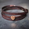 Leather wrap bracelet - Heart slider brown rose gold