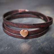Leather wrap bracelet - Heart slider brown rose gold