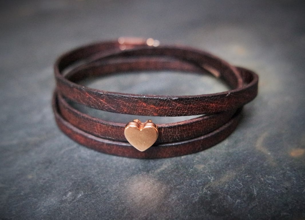 Leather wrap bracelet - Heart slider brown rose gold