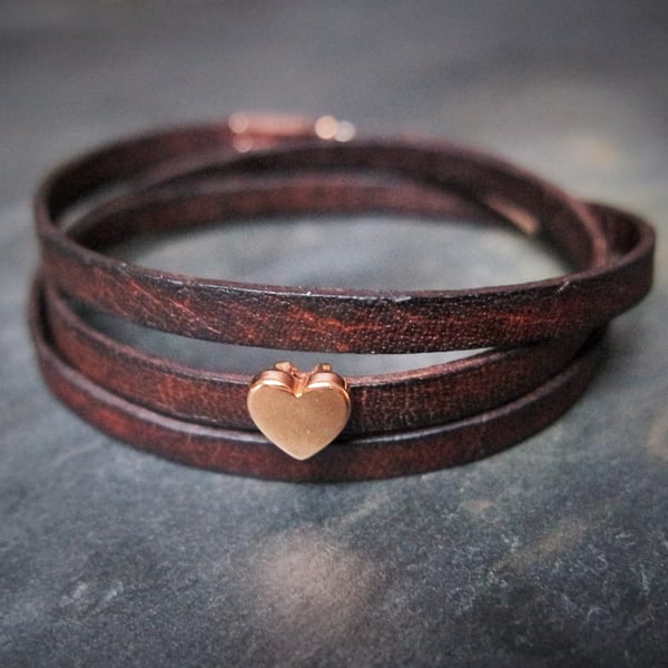 Leather wrap bracelet - Heart slider brown rose gold