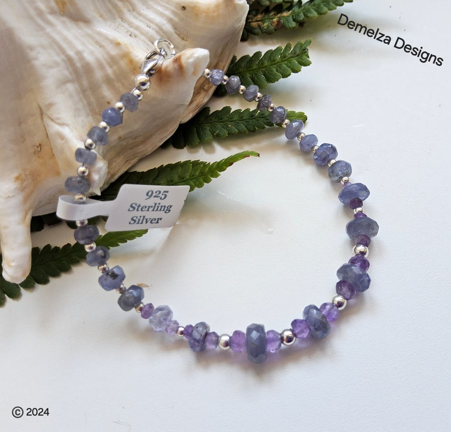  Dainty Faceted Tanzanite & Amethyst Sterling Silver Bracelet (SMALL)