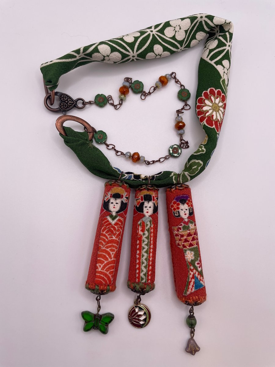 Kokeshi japanese fabric worry dolls blossom necklace