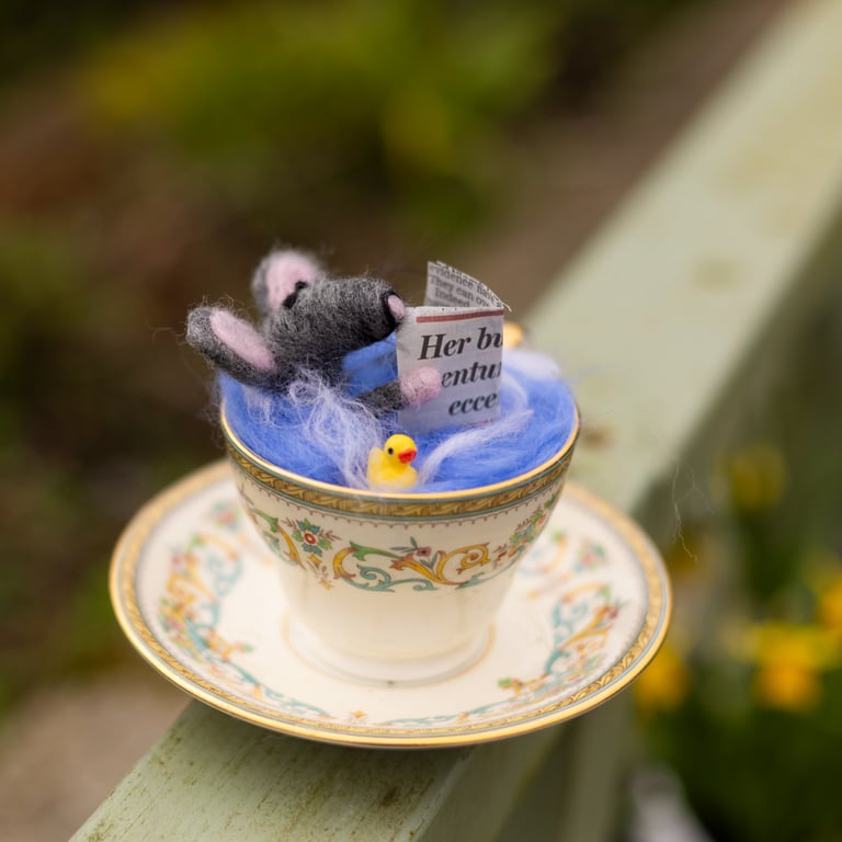Teacup Tranquility – Needle Felted Mouse in Teacup Bath. Perfect Gift!