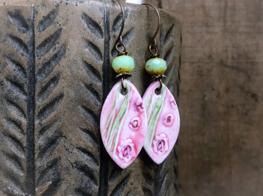 Spring Inspired Pink Rose Earrings. Artisan Ceramic Earrings. Floral Earrings