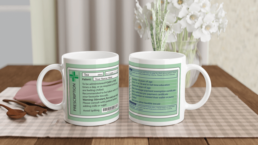 Joke ceramic tea prescription mug and coaster. Gift for medical profession