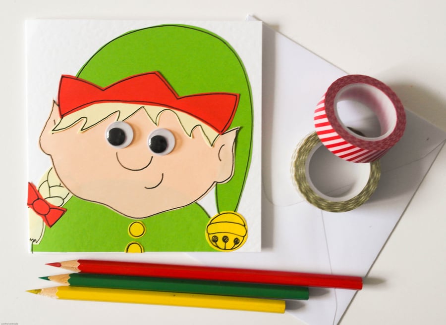 Girl Elf handmade Christmas card, Cute Xmas card, Festive girl elf card