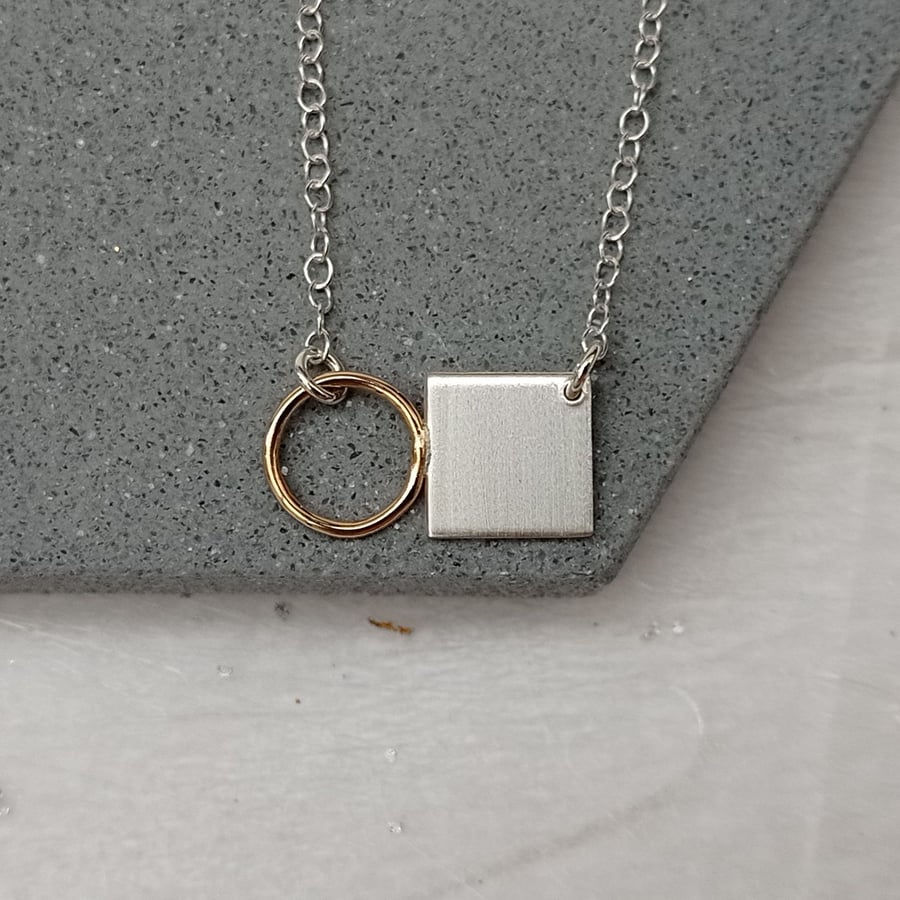 minimalist geometric filled gold & sterling silver circle square necklace