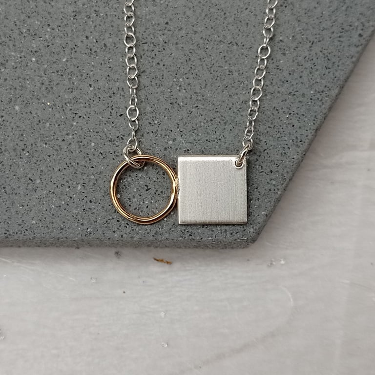 minimalist geometric 14ct filled gold & sterling silver circle square necklace