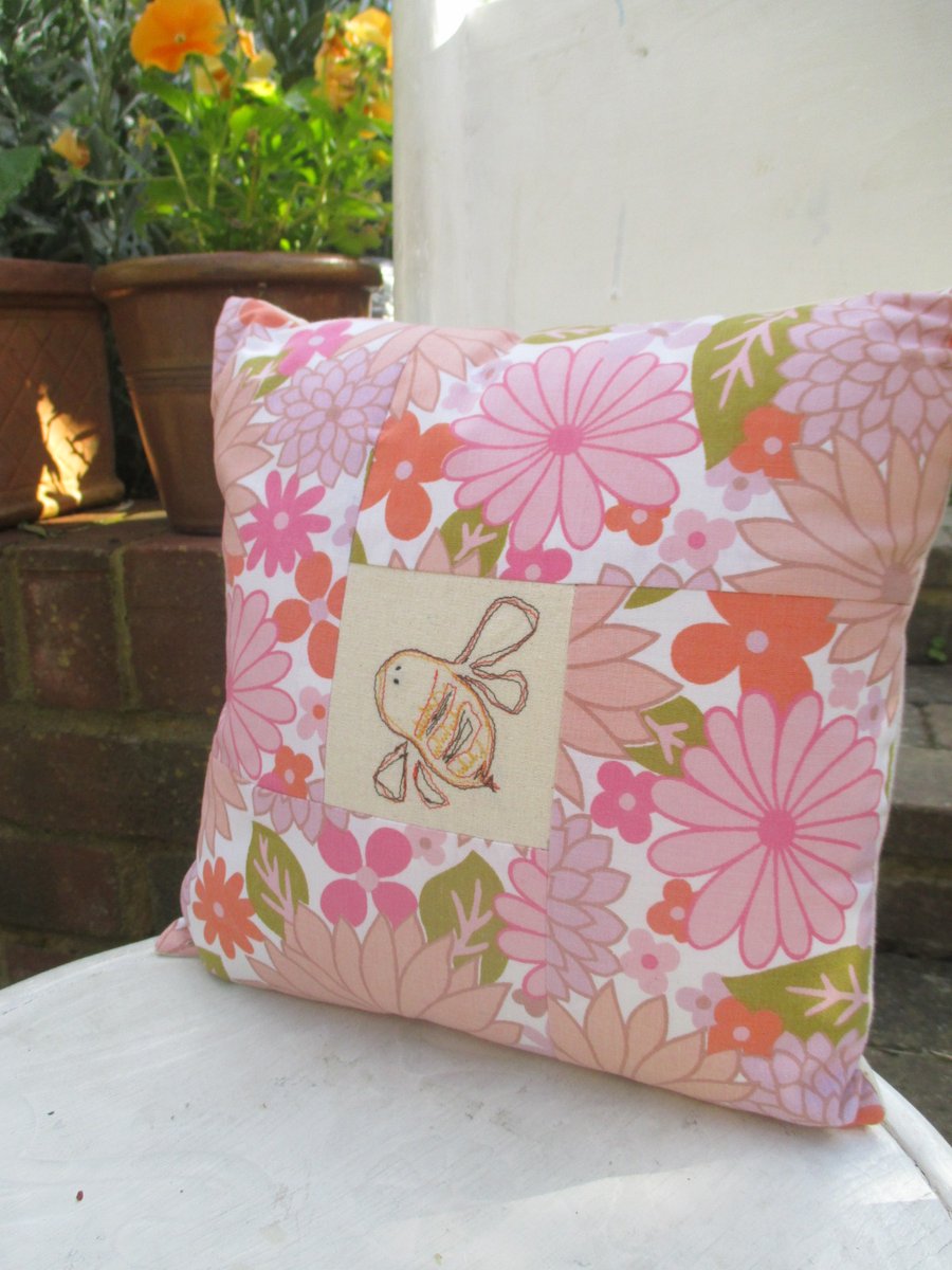 Hand sewn Cushion Vintage Up-cycled Fabric Bee embroidered