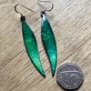 Green enamelled copper leaf shaped dangly earrings on 925 silver hooks