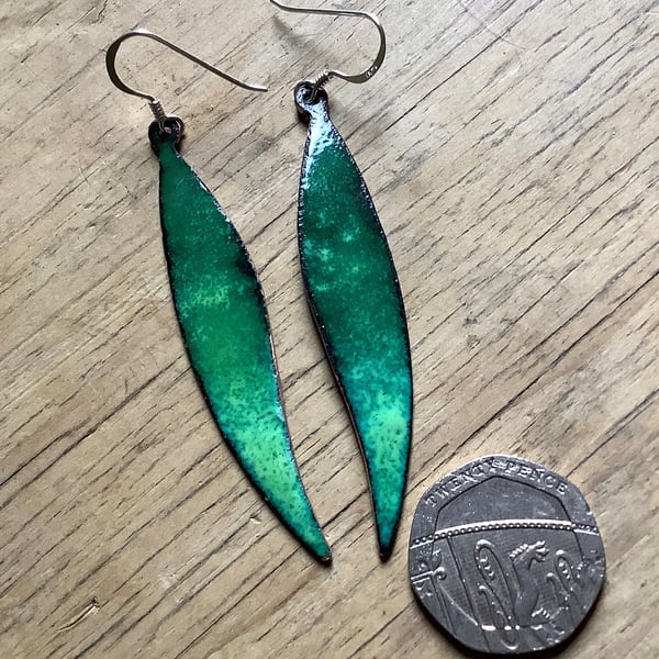 Green enamelled copper leaf shaped dangly earrings on 925 silver hooks