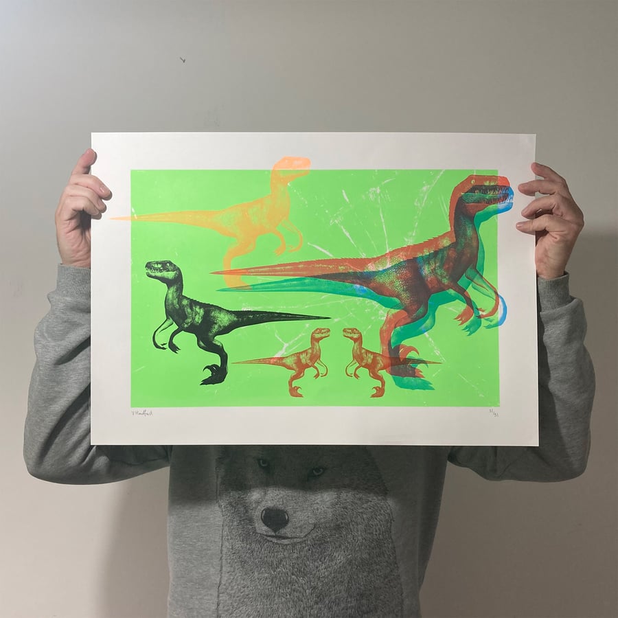 Screen Printed Dinosaur Poster - 'Raptors On Parade.'