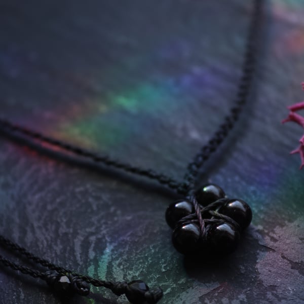 Adjustable necklace flower with natural stones Black Tourmaline in black