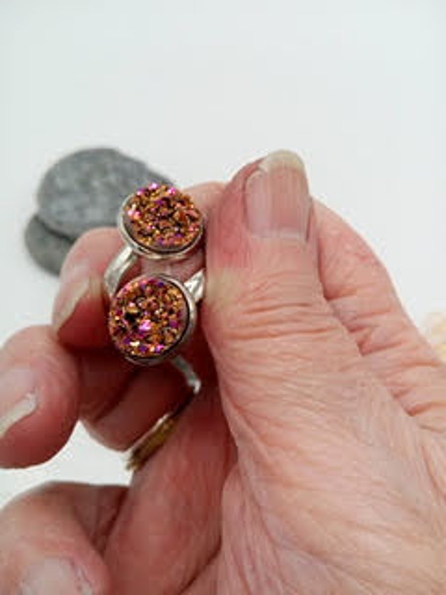 Gold and Pink Faux Druzy Cabochons Adjustable Ladies Statement Ring