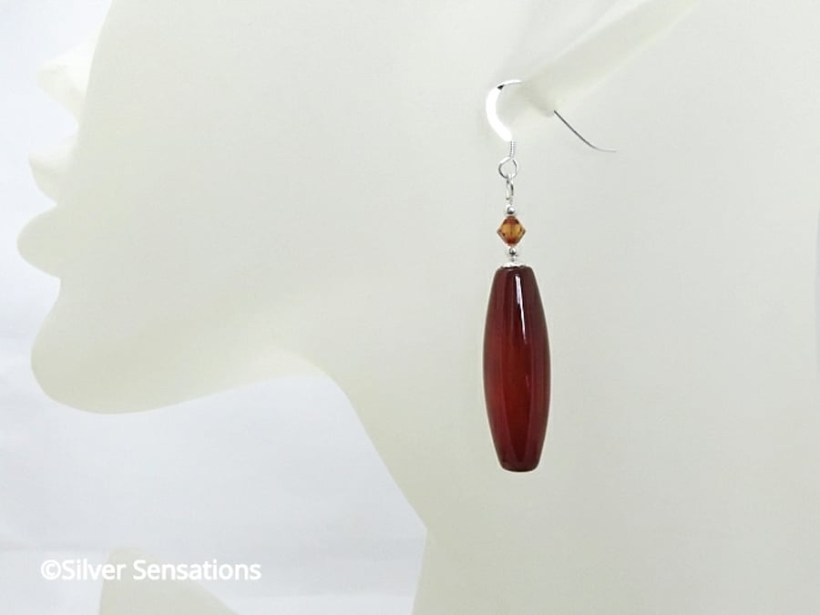 Long Dark Orange Red Agate Earrings With Swarovski Crystals & Sterling Silver