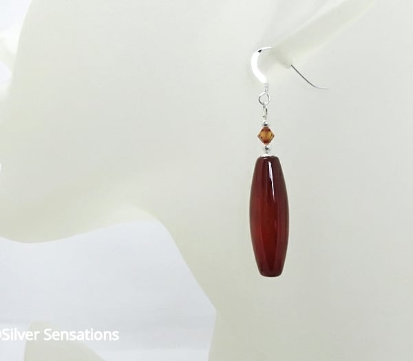 Long Dark Orange Red Agate Earrings With Swarovski Crystals & Sterling Silver