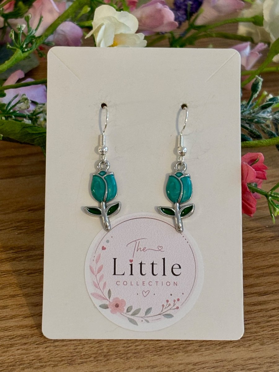 Turquoise Tulip Dangle Earrings, Enamel Floral Charms, Handmade Jewellery