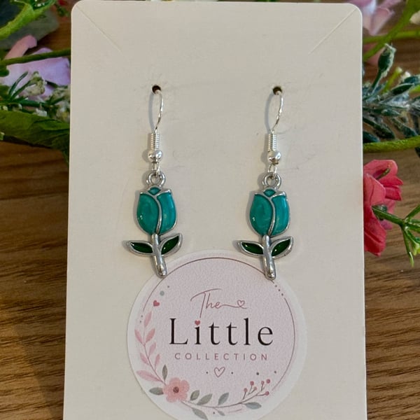 Turquoise Tulip Dangle Earrings, Enamel Floral Charms, Handmade Jewellery
