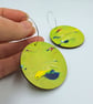 Lime green wooden disc earrings with hot pink, navy blue, white and yellow - Image 1