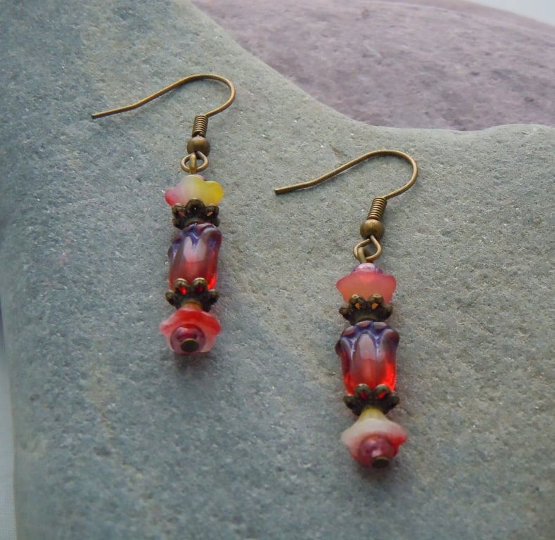 Czech glass tulip flower earrings